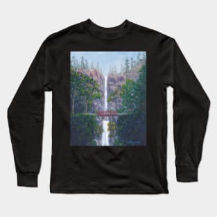 Waterfall, Trees, Bridge, Multnomah Falls, Oregon, Columbia River, Painting Long Sleeve T-Shirt